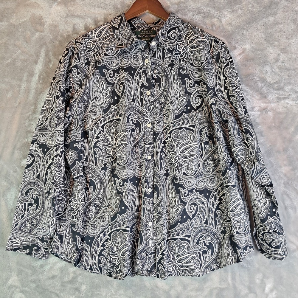 Lauren Ralph Lauren Womens 2X Black White Paisley Non Iron Button Up Shirt Top